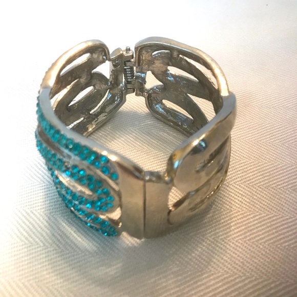 Silver Tone Cuff Bracelet with Aquamarine Crystals Set in Swirling Waves Design - Picture 3 of 7